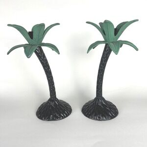 Set of 2 Tropical Palm Tree Candle Holders Black Green Metal Tabletop Decor